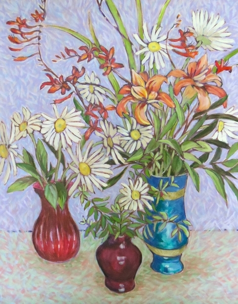 Daisies and Lillies in Three Pots